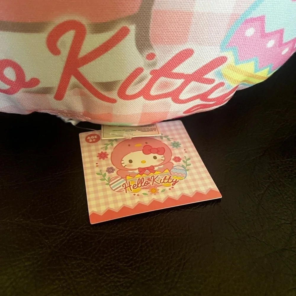 Hello Kitty Pink and White Plaid Cushion Pillow Easter Eggs Embroidered Flowers